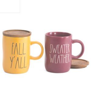 NWT RAE DUN FALL Y'ALL & SWEATHER WEATHER ARTISAN MUGS WITH TOP COVERS